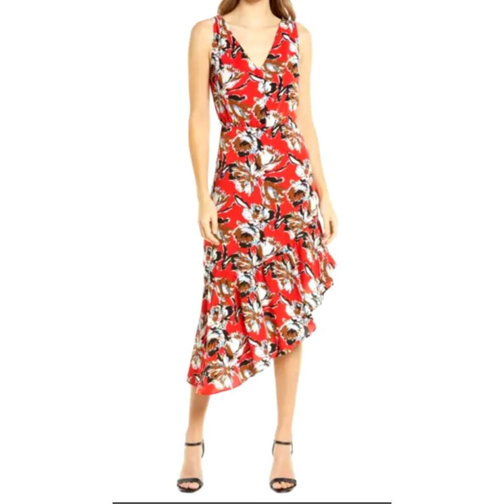 Sam Edelman Red & Blue Floral Print V-Neck Midi Dress Ruffle Hem Size 4 / Small